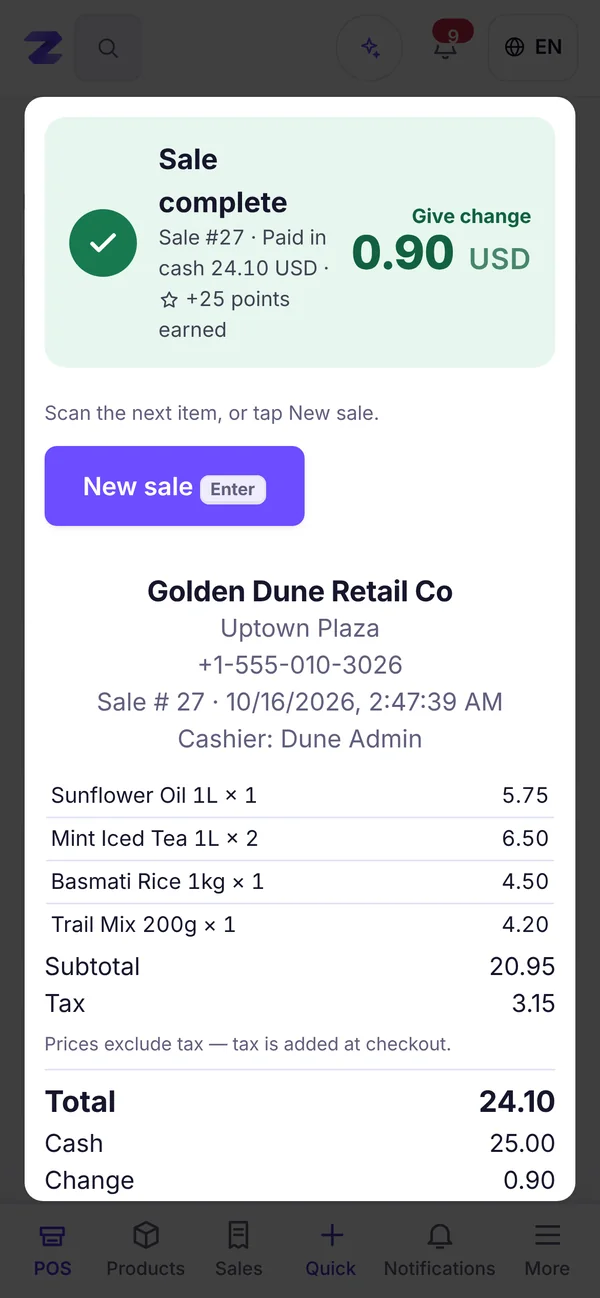 The customer leaves with a receipt and points