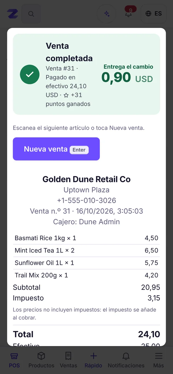 El cliente se va con su recibo y sus puntos
